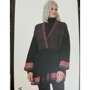 MAXSPORT Knit Cardigan Duster Open Front Black Red Belted Womens Size L NWT